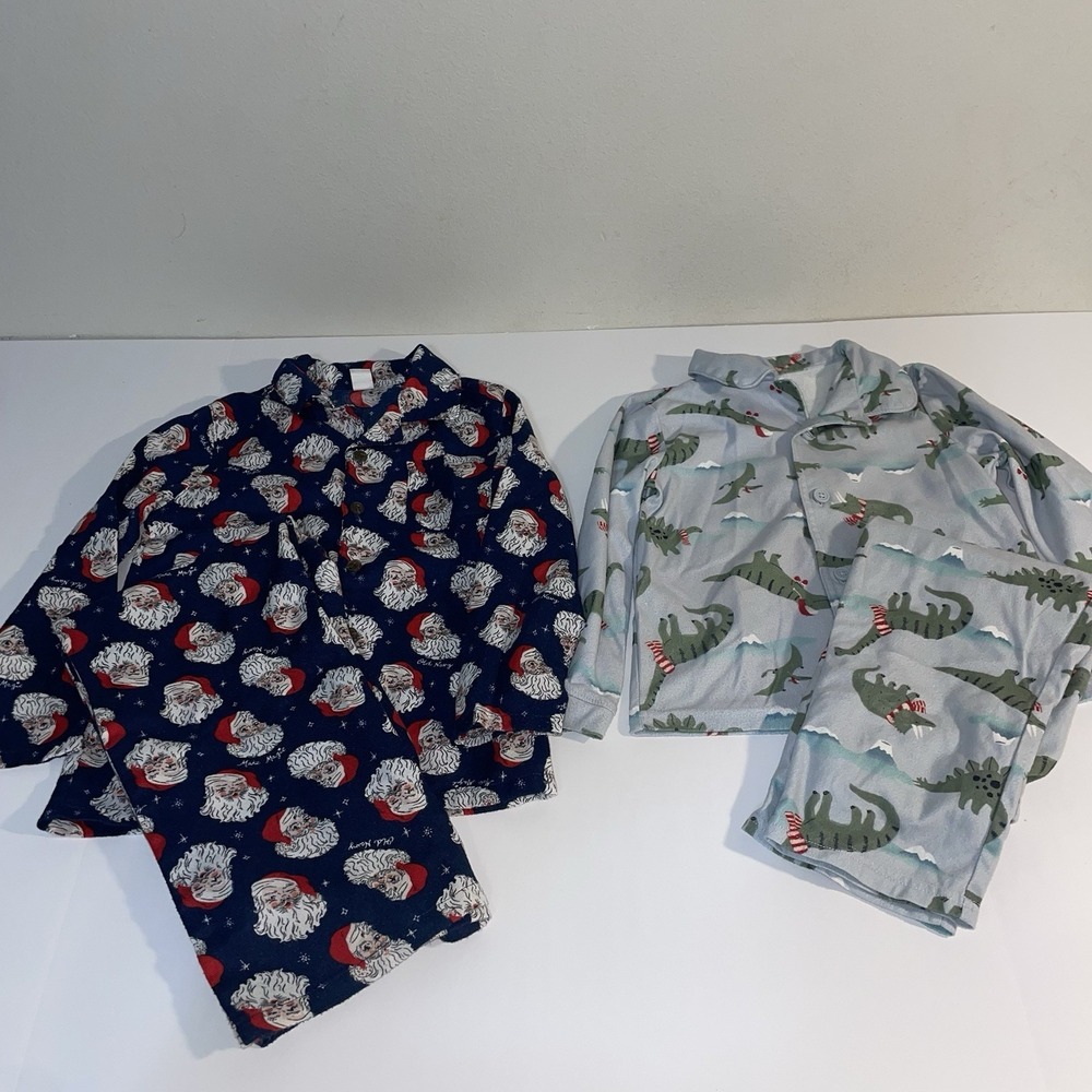 2 Boys Kids Christmas Long‎ Sleeve Pajamas Navy Blue Santa Dinosaurs 5 6 5t 6t
